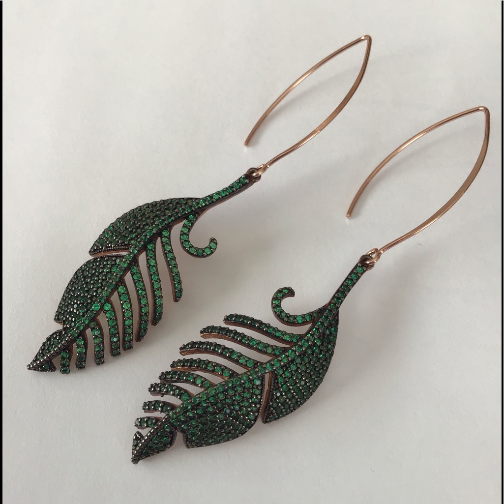 Rose Gold Sterling Green Stone Leaves Earrings Wow